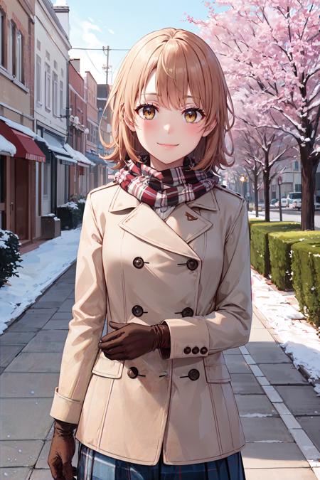 masterpiece, best quality, cowboy shot, looking at viewer, smile, iroha isshiki, short hair, winter clothes, scarf, gloves, outdoors, street, path, shop, tree, <lora:iroha_isshiki_v2:0.9>