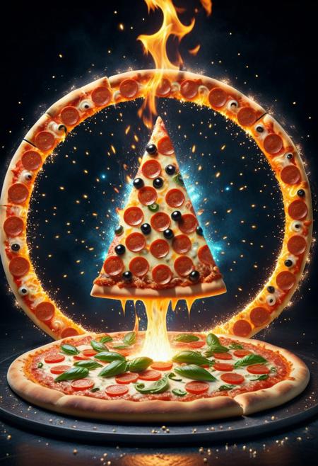 masterpiece, best quality, absurdres, pizza magic circle, depth of field,a giant magic circle, sparkling, illuminating pizza, light particle, magic pizza,rizing magic power, fire, flame, blazing fire,