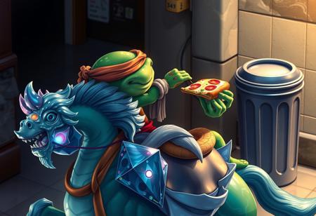 Create a highly detailed, 4K-resolution artwork of a Ninja Turtle eating pizza while sitting on a Crystal Beast Sapphire Pegasus. The Ninja Turtle should have a short spout and a mischievous glint in its eye. The artwork should be inspired by Renaissance-style fine china and have a creepy, oddly familiar atmosphere. The Ninja Turtle's back should be turned towards the viewer, with a trash can visible in the background. The artwork should be created in a style reminiscent of Loish, Murata Range, and Yoshitaka Amano, with vibrant, high-contrast colors and a sense of fantasy. The composition should follow the rule of thirds and the golden ratio, with intricate details and a cel-shaded look.