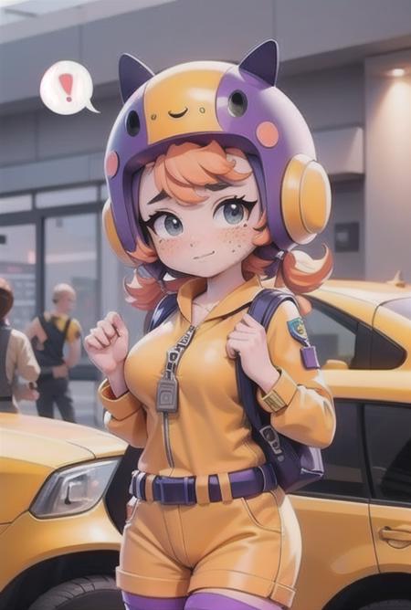 bsbea , yellow jumpsuit , shorts , Purple Long Stockings , orange hair  ,zipper tab  ,Freckles ,Purple sleeves, helmet