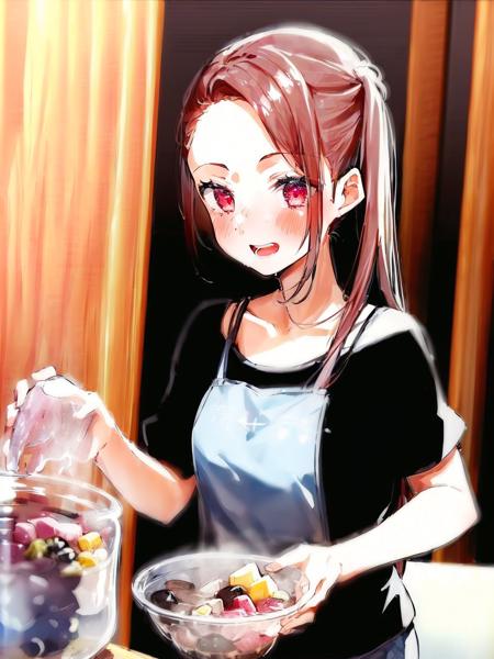 (((((1girl))))), red hair,small breasts, pink eyes, blue apron,black shirt, holding, cooking pot, four fruit soup,ice in pot, female focus, upper body,kitchen, <lora:four fruit soup:0.9>, masterpiece, best quality,