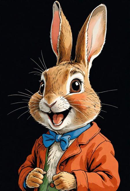 minimalist painting, pen and ink sketch, colorful,
black background, Peter Rabbit, happy face expression, action-packed, by Beatrix Potter, elaborate, masterpiece, detailed