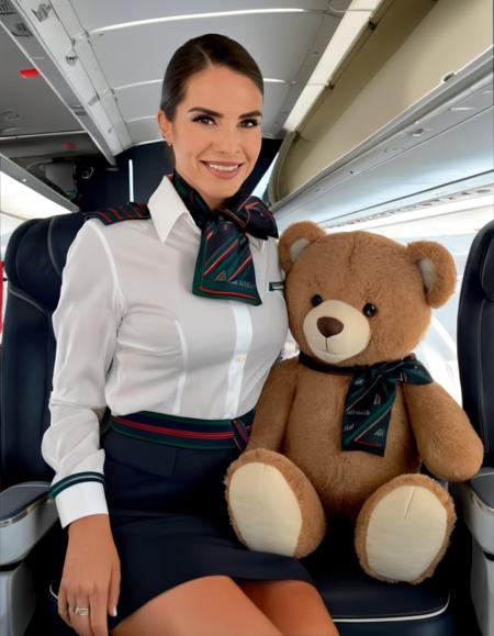 dark theme, ((full body portrait shot of a teddy bear:1)), a pretty cute plush toy wearing alitalia stewardess uniform composed of jacket, skirt, white shirt and blue silk scarf,  joy emotion, (looking at viewer:1.2), (dynamic pose), posing in front of a plane, intricate detailed long, 4k, 8k, (intricate details:1.12), hdr, (intricate details, hyperdetailed:1.15), soft cinematic light, dramatic atmosphere, atmospheric perspective, (soft light, sharp), <lora:alitulti:0.8>, wool, fur, antropomorphism