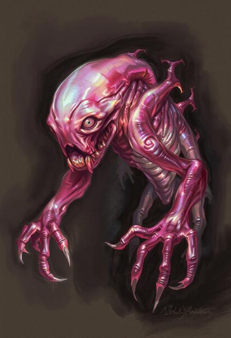With a shimmering iridescence that contrasts starkly with its decaying form, a grotesque bioluminescent creature in shades of mauve lurks in the shadows, its twisted limbs and grotesque features illuminated by its eerie glow. This stunning concept art, likely a digital painting, portrays the creature in exquisite detail, showcasing every wrinkle and abnormality with precision. The creature's luminescent skin seems to pulse with a sickly light, drawing the viewer in despite their instinctual repulsion. The image is a masterful blend of horror and beauty, capturing the unsettling allure of the otherworldly being.
As a sketch in an explorer's notebook.
