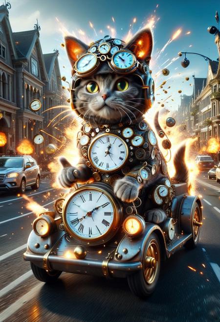 (made of clocks:1.4), cat driving on clock car, wear round clock goggles, animal ears helmet, thumbs up, running on clock city road, from side, closeup shot, cinematic lighting, (masterpiece, best quality:1.4), ultra-high res, 4k, Photorealistic, insanely detailed, Explosion Artstyle,