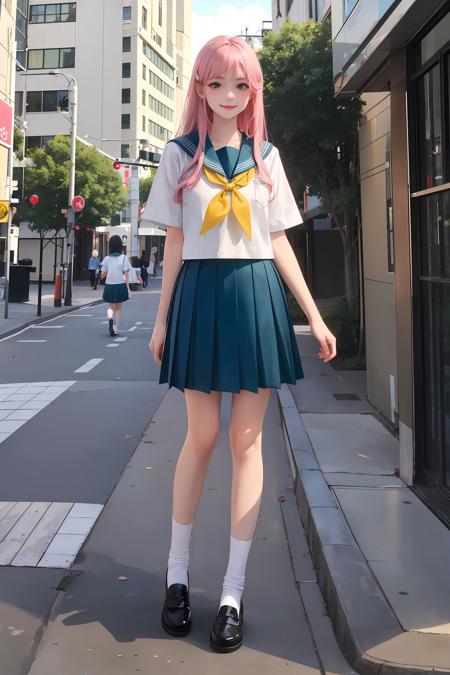 <lora:serafuku:0.6>, best quality, 1girl, long hair, blonde hair, blue eyes, (white/black/green/blue/pink/yellow japanese school shirt), sailor collar, neckerchief, short sleeves, black/green/blue/pink/white/yellow skirt, white socks, black shoes, smile,full body, standing, outdoors, cityscape, streets, buildings,