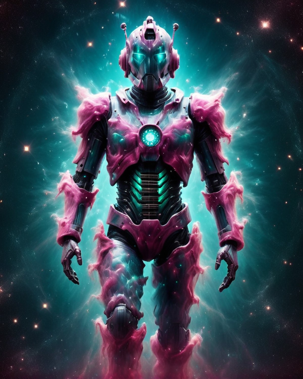 made of mad-nbla, Sharp focus of a Primordial Black and Teal "Ascension of the Cybermen", back-light, 80mm, dark pink hue,...