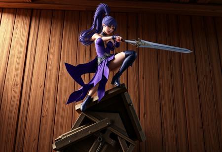 A sexy female Lady's Dragonmaid character in a dynamic action pose, dual-wielding swords, high ponytail, intricate purple outfit. Perched precariously on a gravity-defying stack of tilted house walls, against a warm rustic wooden wall backdrop. Cinematic lighting, unique perspective, masterpiece composition, ultra-fine details, vibrant colors. Trending on ArtstationHQ, Octane Render, Unreal Engine 5, Splash Ink illustration, CGSociety.