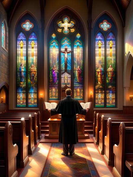 <lora:SS02ImpressionisticPainting_Hap_XL:1.7>,Thomas Kinkade style, <lora:add-detail-xl:0.1> Irish pastor, hands outstretched, delivering a sermon with fervor to a congregation filling the pews, stained glass windows casting colorful patterns onto the scene, architecture reflecting Gothic influence, ambient sunlight filtering through, capturing a spiritual moment, digital painting, ultra realistic, dramatic lighting, volumetric.