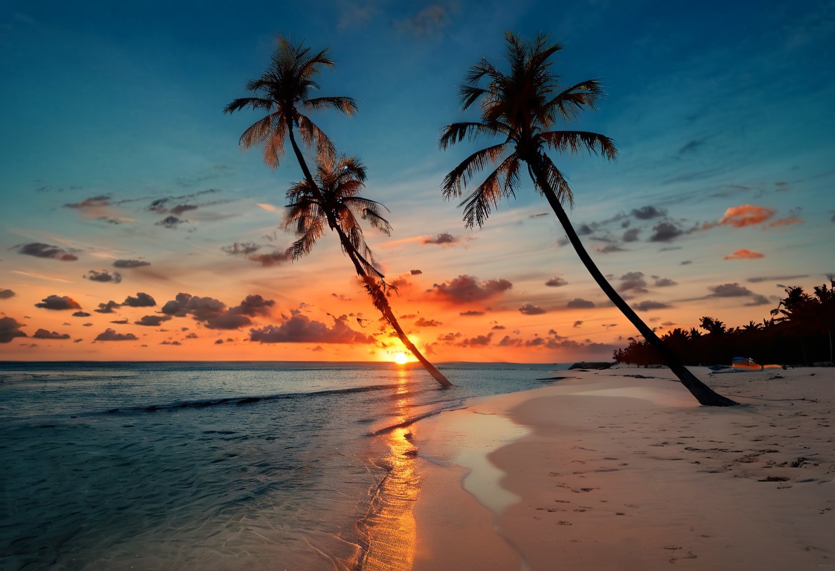 Tropical beach, dramatic sunset, black shilouettes of palm tree, black blue and orange only, professional photography, sky on fire, sun, vibrant