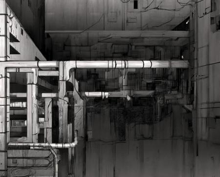 masterpiece, best quality, no humans, greyscale, building, industrial pipes,  rendering, <lora:Blame8ep5r159i-000008:0.7>