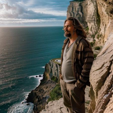 (((a man standing at a cliff, wind blowing))) <lora:TheDudeLora:0.8> facial hair, beard, 1boy, male focus, realistic, mustache, brown hair, manly, sharpen picture, Highly detailed, masterpiece, best quality, photorealistic,