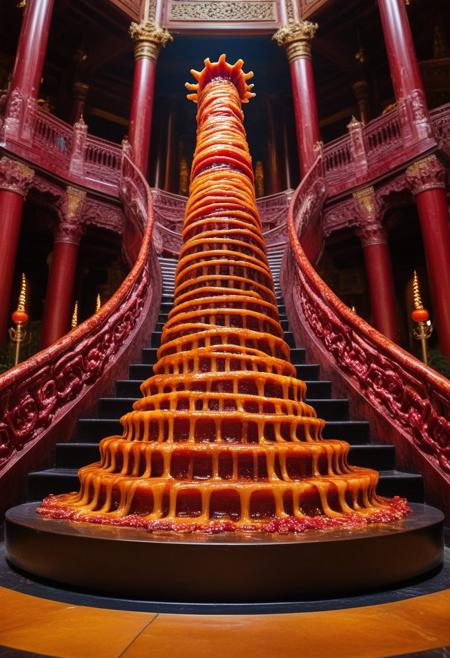 A grand palace sculpted from twisting ribbons of smoked bacon, its walls shifting between crisp, golden textures and tender, ruby-red marbling. The towers stretch high into a sky painted in deep, crimson hues, where slow-moving streaks of molten fat drizzle like glowing rain. A great staircase of candied pork spirals toward the heavens, each step glistening with a caramelized glaze. The ground trembles with waves of heat, sending rippling distortions through the pools of sizzling grease below. In the center of the palace, a throne carved from a single, massive slab of crackling pork belly pulses with ember-like energy, radiating waves of fragrant smoke.