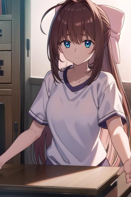 otomeasakura, <lora:otomeasakura-lora-nochekaiser:1>,
otome asakura, long hair, brown hair, bow, ahoge, hair bow, pink bow, blue eyes,
BREAK gym uniform, buruma, red buruma,
BREAK looking at viewer,
BREAK indoors, classroom,
BREAK <lyco:GoodHands-beta2:1>, (masterpiece:1.2), best quality, high resolution, unity 8k wallpaper, (illustration:0.8), (beautiful detailed eyes:1.6), extremely detailed face, perfect lighting, extremely detailed CG, (perfect hands, perfect anatomy),