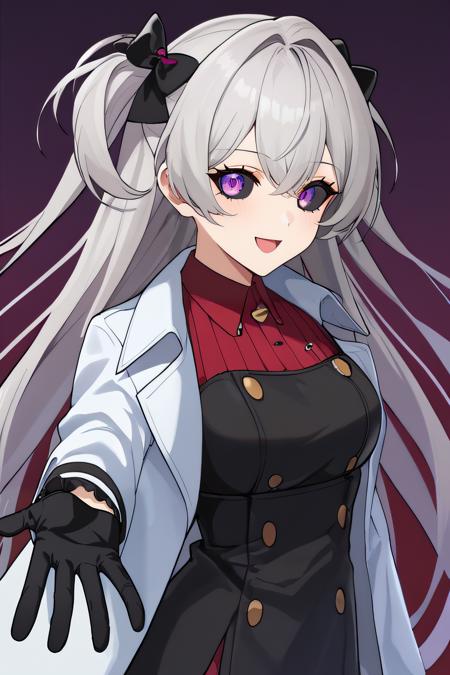 eicy, very long hair, grey hair, purple eye, eyepatch, hair bow, two side up black gloves, white dress, eyepatch, black jacket, hood up, red shirt, two black belt, red pantyhose, black skirt, frilled skirt, short skirt, high heel black boots, thigh strap black gloves, collared shirt, red shirt, black dress, open coat, white coat, coat on shoulders side ponytail, braided ponytail, collarbone, black bikini top, eyepatch, black scrunchie, bare shoulders, bare arms, cross necklace, black choker, frilled short