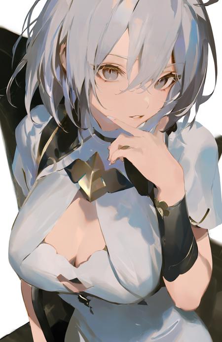 masterpiece, best quality,1girl, solo, white background, upper body, breasts, looking at viewer, simple background, white hair, hair between eyes, cleavage, grey eyes, parted lips, white dress, dress, cleavage cutout, hand up, short hair, bangs, hand on own chin, ahoge, short sleeves, finger to own chin, clothing cutout 
////////, <lora:reikoXL128dim-000101:1>