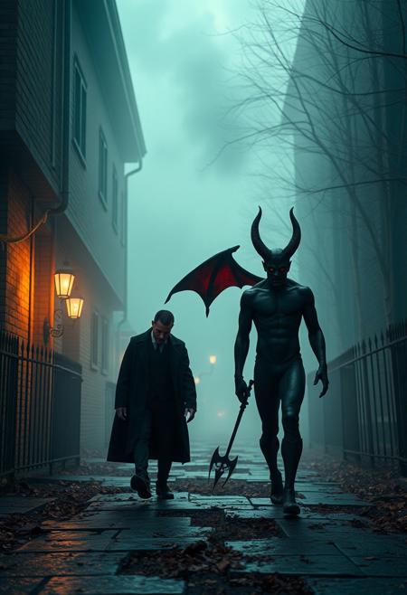 cinematic photo  
Early this morning
When you knocked upon my door
Early this morning
When you knocked upon my door
And I say, "Hello Satan, I
I believe it is time to go"
Me and the Devil
Walking side by side
Me and the Devil
Walking side by side
professional, 4k, highly detailed,