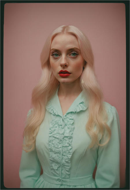 The scene is a dark academia library, bookshelf, indoors. A skinny egirlmakeup 4ng3l face woman stands alone and glowing. The scene is captured on Polaroid and Hasselblad 120mm medium format film, giving it a dreamy, nostalgic quality. The woman, who appears to be around 21 years old, is petite with long legs and porcelain skin. She is dressed in a random outfit and tall high-heel shoes. Her clothes are frilly and feminine, and her long blonde hair cascades down her back in loose waves. Her lips are painted a glossy red, and her eyes are framed by realistic dark mascara. Worried expression. Seafoam-green and pastel-pink colored smoke,  <lora:detailed_hands-000007:0.8>