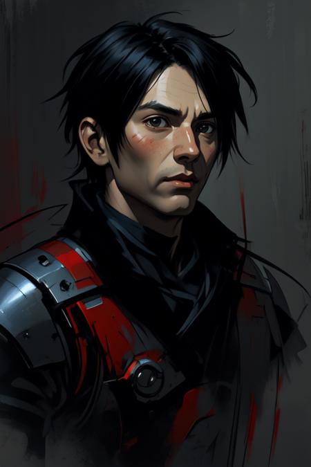 1boy, black hair, red eyes, armor, upper body, impasto by Jeremy Mann