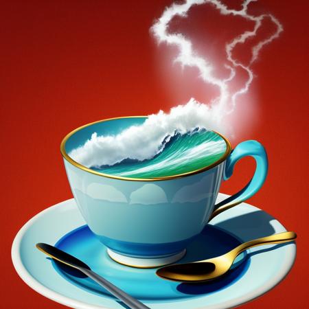 [:(classicnegative:0.9):.2], Choppy ocean waves inside a teacup with clouds above it, isometric viewpoint, hyperdetailed, trending on artstation, trending on deviantart, Professional, masterpiece, commissioned