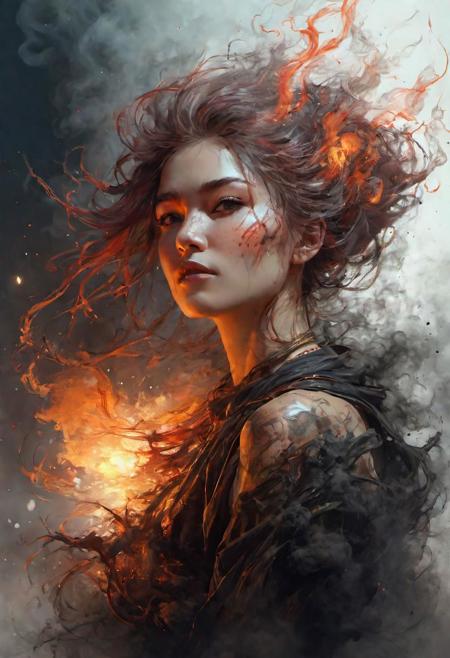 (sparkling elegant haired:2.5) abstract beauty, approaching perfection, dynamic, moon, highly detailed, busty, digital painting, artstation, concept art, smooth, sharp focus, illustration, art by Carne Griffiths and Wadim Kashin, black orange and dark red colours, (smoke, steam and thick smoke:2.5), (covered in smoke:2.5),
