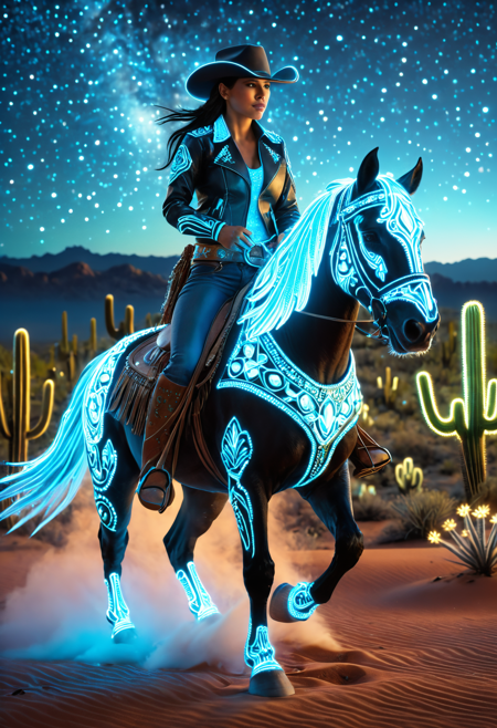 8K, depth of field, dynamic angle, best quality, masterpiece, best quality, extremely detailed, Dynamic action shot, Bioluminescent World, female cowgirl in glowing leather jacket, indigenous warrior woman in luminous beadwork, riding single midnight horse, neon dust clouds, glowing cactus silhouettes, starry desert night, cinematic western composition, ultra detailed, masterpiece, 8k,  add-detail, <lora:add-detail-xl:0.6>   <lora:Bioluminescent_World:1>