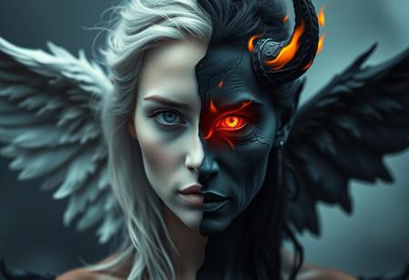 Misty Valley, a close-up of a mysterious female entity, one half of her body and face is beautiful, angelic appearance, blue eyes, white hair, the other half of her body and face is demonic, coal-black skin, red eye and hair are burning with fire, demonic horn, on her back are wings corresponding to each part of the body. Dark atmosphere, cinematic, masterpiece, clear focus.