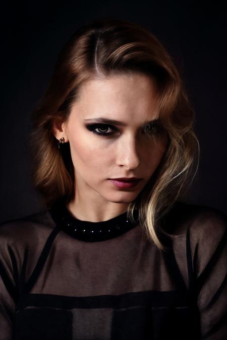 <lora:KellyCollins_SD15_v1.1:1> 
a (((Realistic))) Full Portrait Photo of a realistic woman in a dark theme, simple background, vogue, focus, confident, staring, poised, focused, looking to the side, detailed eyes, detailed face, detailed pupils, detailed iris, detailed cheekbones, detailed lips,