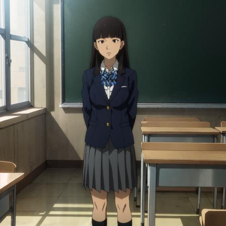 <lora:Sato001:0.7>,
Sato,1girl,
school uniform,
blazer,collared shirt,bowtie,
pleated skirt,
classroom,standing,