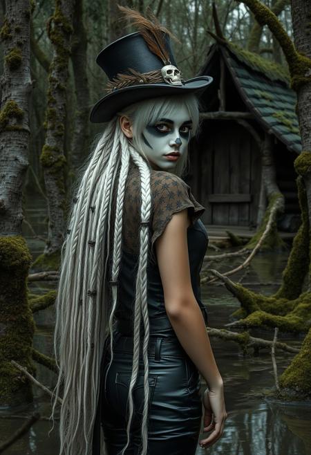 A dark fantasy setting. In a swamp, trees (both standing and growing, and fallen over) have moss growing all over them. In the background is a strange hut made of wood. In the foreground is a young woman, long white hair in a multitude of small braides, pale skin, medium breasts, her face is painted with makeup to look like a skull. She wears a short top hat that's adored with beads and feathers, a pirate's shirt, an open cropped jacket, and black leather pants with a belt.  She looks at the viewer, her body turned slightly to the side, a slight tilt to her head, shoulders back. her expression is that of a curiosity and unease. 
semi realistic