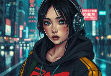 Half-Japanese female hacker. More Caucasian with freckled nose and cheeks. Teal lipstick. Aged 28. Cyberpunk clothing. Hi tech chrome and carbon fibre one eared headset. Bold graphic styled Hoodie with Japanese lettering down a sleeve and a bold golden stripe down each sleeve   The girls eye pupils have swirling Galaxy of stars and specks floating in a nebula pattern   Posed in front of a Rainy city at nite