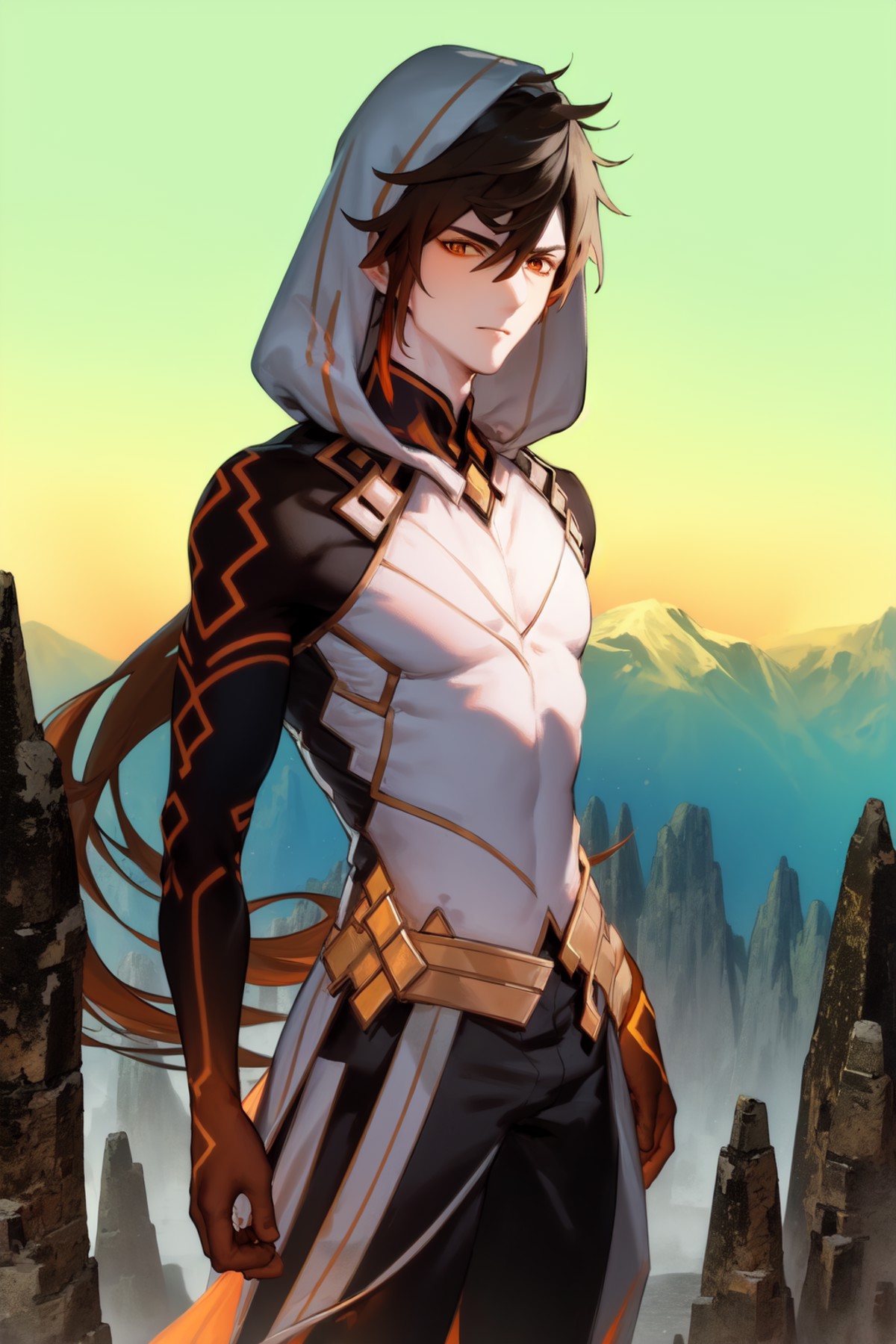 masterpiece, best quality, morax, 1boy, male focus, hood up, rock, mountain background, rock formation, standing