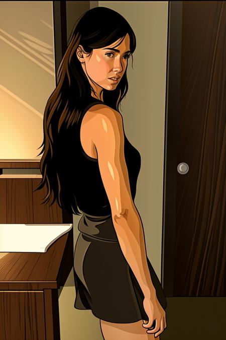 cell shading, drawing, a woman in a black dress is playing a video game , 1girl, solo, long hair, looking at viewer, skirt, brown hair, shirt, brown eyes, parted lips, sleeveless, indoors, black skirt, black shirt, sleeveless shirt, chair, hair behind ear