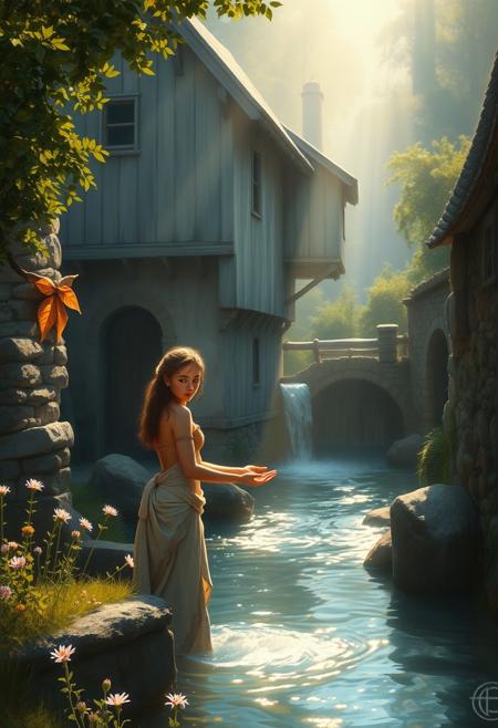 An evocative scene outside a watermill, full of magical splendor. An oil-painted, serenely blissful, youthful, exotic, beautiful, tiefling is in a fantasy setting. A diffuse shaft of light illuminates her. Rendered as an oil painting by Peter Paul Rubens and Claude Monet. Gorgeous, epic, luministic, hyperrealistic, fantasy art, with high chroma and beautiful lighting and shading.