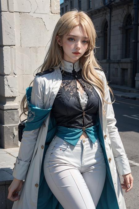 Ultra Detailed, 50mm, official art, unity 8k wallpaper, ultra detailed, aesthetic, masterpiece, best quality, photorealistic,
1girl,  <lora:Luocha_fm_v10:0.9>, luocha, blonde hair, long hair, white coat, black shirt, white pants, blue ascot, blue armband, blue vest,