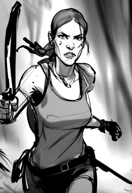 storyboard sketch extreme closeup dutch angle of Lara Croft running through the jungle with a machete, angry, drama shot, looking at the camera, (foreshortening:1.2), loose debris falling, motion blur <lora:Storyboard_sketch:0.8>