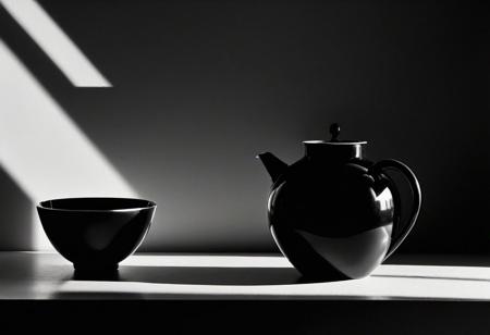 a high contrast black and white photography of a tranquil still life scene, dynamic interplay of light and shadow, minimalist composition, poetic visual metaphor, Ansel Adams inspired, 35mm film photography, fine art photography exhibition, moody atmosphere,