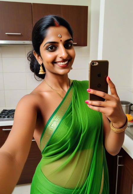 woman in green sari taking a selfie in kitchen with phone, 3 0 years old woman, 30 years old woman, provocative indian, indian goddess, indian, 2 , with a seductive smile, sexy girl with dark complexion, 2 , 2 , 2 , around 20 yo, indian girl with brown skin
