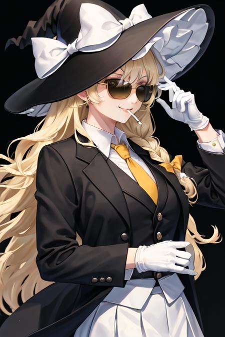 best quality, masterpiece, highres, solo, {black business suit:1.40}, {tie:1.20}, {sunglasses:1.25}, {white gloves:1.15}, {white shirt:1.10}, {black skirt:1.15}, {smoking:1.20}, handsome, {kirisame_marisa_touhou:1.15}, blonde_hair, long_hair, hat, witch_hat, bow, yellow_eyes, braid, single_braid, hat_bow, smile, hair_bow, white_bow, bangs, black_headwear, upper_body