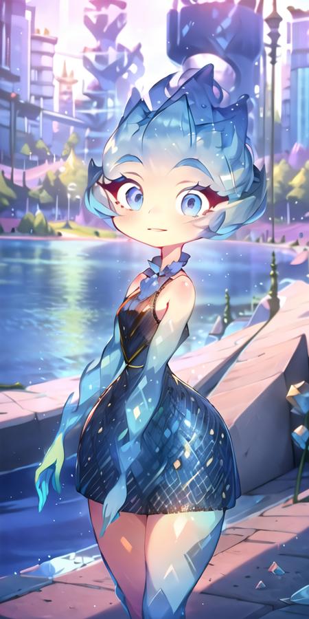 (best quality, masterpiece, detailed face, beautiful detailed eyes), <lora:EmberElementalV2:1>, Ember, girl made of ((blue)) fire, 1girl, (solo),narrow waist, long eyelashes, detailed face, detailed eyes, standing in a park with crystals around, lake and a modern city in the background,