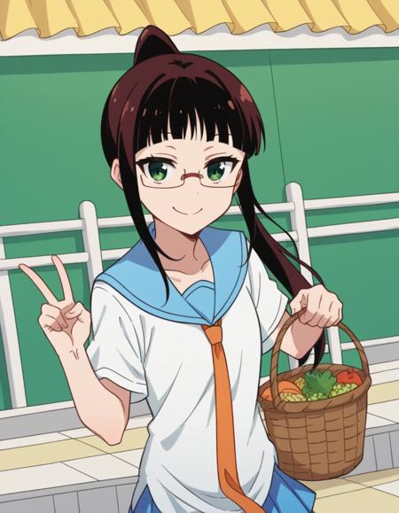 ruri miyamoto, long hair, bangs, black hair, green eyes, ponytail, glasses, blunt bangs, skirt, shirt, thighhighs, school uniform, collarbone, white shirt, pleated skirt, necktie, serafuku, sailor collar, blue skirt, blue sailor collar, orange necktie,