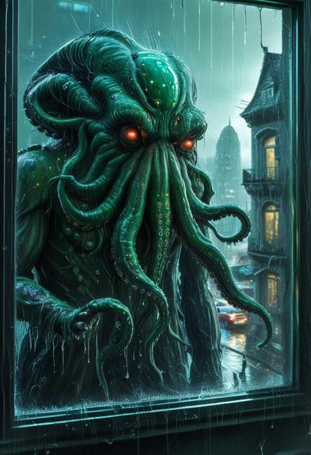 lazypos,
tearStyle2,
An anthropomorphic cybernetic cthulhu looking through the window of his home in a cyberpunk city, raining, wet glass, highly detailed,