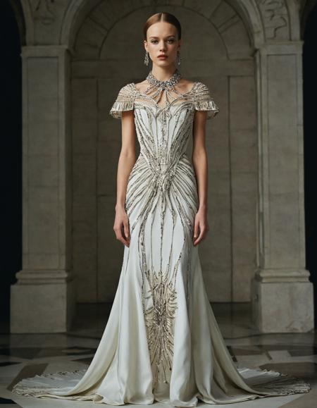 Renaissance style <lora:Alexander McQueen-art deco:1>,Alexander McQueen,art deco,dress,standing, full body,, hair, forehead, eyebrows, eyes, nose, lips, neck, collarbone, . Realistic, perspective, light and shadow, religious or mythological themes, highly detailed