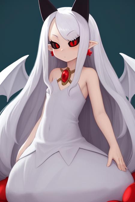 masterpiece, best_quality, 1girl, solo, long hair, bangs, red eyes, white hair, pointy ears, black sclera, horns, white dress, wings<lora:pram_v1:0.8>