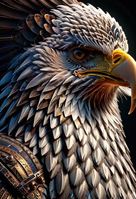 a close shot photo of a ral-frctlgmtry american bald eagle , highly detailed, intricate design, high quality, 8k, cinematic, epic, ray tracing, deep shadows, dark fantasy