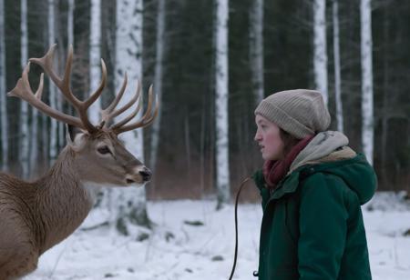 cinematic photo analog style portrait of an a  ((ohwx woman)) facing a giant deer made of green fire, digital art, complex brushstrokes, soft contrast <lora:bella_ramsey_sdxl:1> . wes anderson movie, still from stanley kubrick movie, 35mm photograph, film, bokeh, professional, 4k, highly detailed