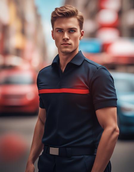 Digital art illustration of a young man wearing a spf1uniform, (dynamic pose), brown hair, blue eyes, in a city street, bokeh, looking at viewer, sharp focus, cinematic, high contrast, red car at background