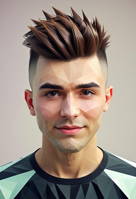 man made of polygon, hair made of polygon, clothes made of polygon, Polygonal shapes, geometric designs, three-dimensional models, ((low poly)), minimalism, straight on view, a young bulgarian man, fashion model, faux hawk (hairstyle), blushing cheeks with averted gaze and nervous smile, Close-Up Shot, (((polygon)))