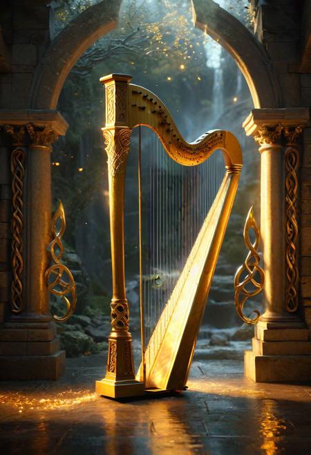 Hyperrealistic, majestic harp, golden, shimmering portal, (Celtic symbols:1.2), mystical realm, swirling mists, ethereal, (glowing will-o'-the-wisps:1.3), cinematic lighting, dramatic, depth of field