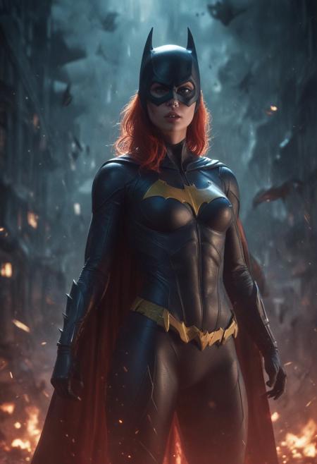 High resolution ultra-realistic of beautiful realistic Batgirl fighting against alien invasion, cinematic style, standing on a bloody and stormy battlefield in a fighting pose, bloody massacre, realistic modern combat costume, black mask, red cape, perfect athletic figure, wavy red hair, handsome dirty bloody face, beautiful perfect detailed pupils, wet oily shiny skin, covered in dirt and blood, beautiful firm Breasts, defiant and seductive, sexy 20 year old girl, 8k resolution concept art portrait by Greg Rutkowski, Dark Gotham City, realistic blue eyes, full body, Artgerm, WLOP, Alphonse Mucha, dynamic lighting, hyperdetailed, intricately detailed, Splash art trending on Artstation triadic colors, Unreal Engine, 5 volumetric lighting, Cinematic Lighting, intricate, smooth, sharp focus digital painting, Asymmetrical Balance, painting, dynamic lighting